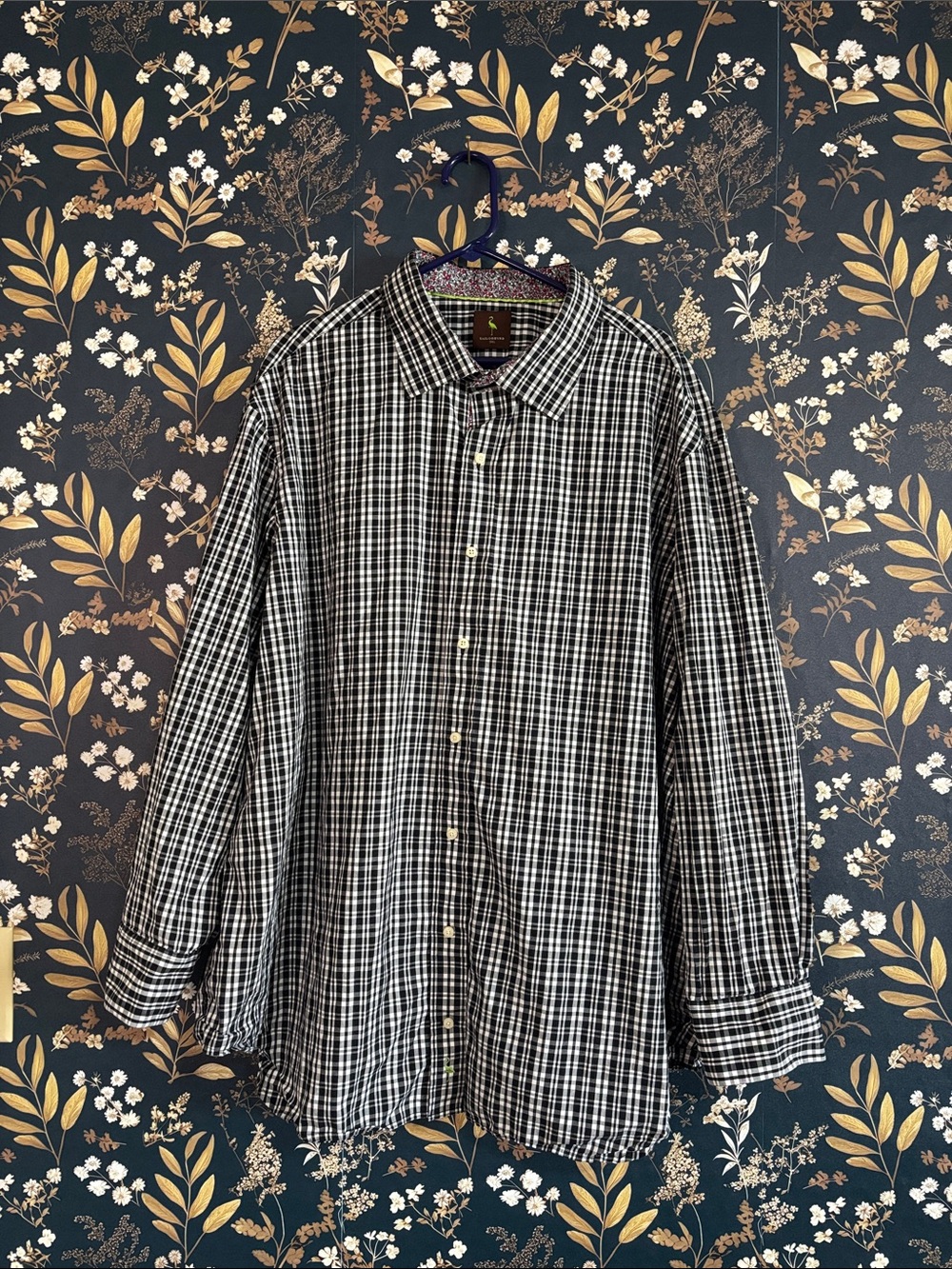 Tailorbyrd Black and White Plaid Button-Down Shirt With Contrast Floral Size 3XL